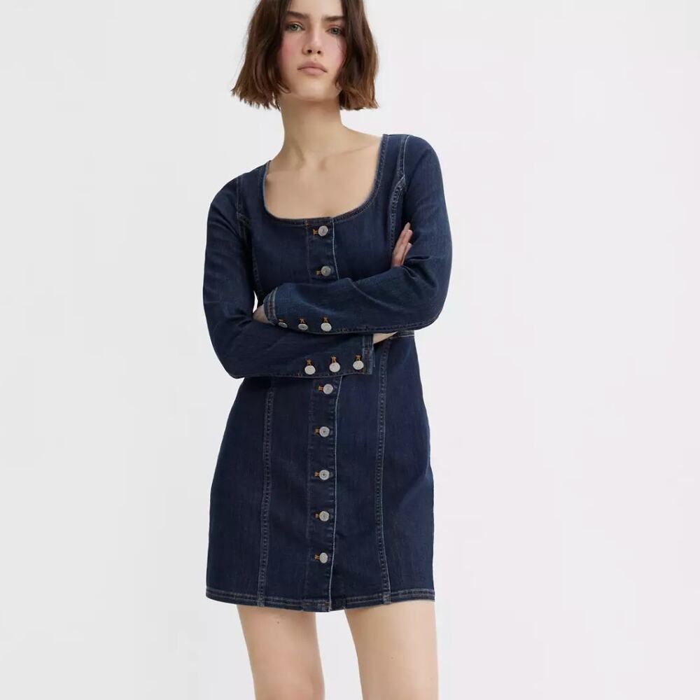 Levis Womens S Blue Veda Button Up Denim Jean Mini Dress Western